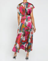 TALIA Faux-Wrap Midi Dress with Hi-Lo Skirt in Abstract Print