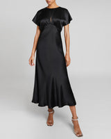 TERRY Cap-Sleeve Midi Fit and Flare Dress in Black Silk