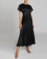 TERRY Cap-Sleeve Midi Fit and Flare Dress in Black Silk