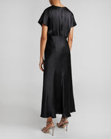 TERRY Cap-Sleeve Midi Fit and Flare Dress in Black Silk