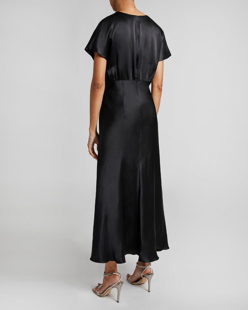 TERRY Cap-Sleeve Midi Fit and Flare Dress in Black Silk